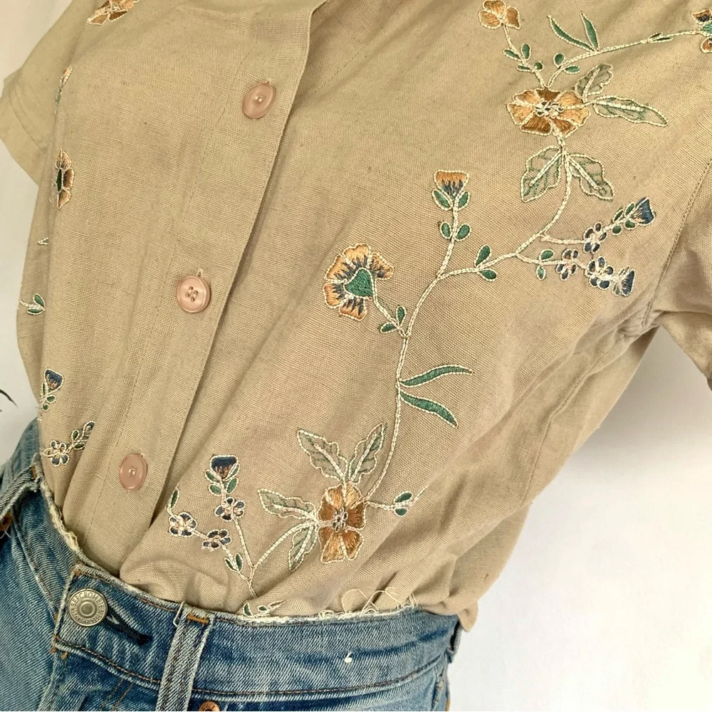 Vintage Beige Embroidered Button-Up Blouse